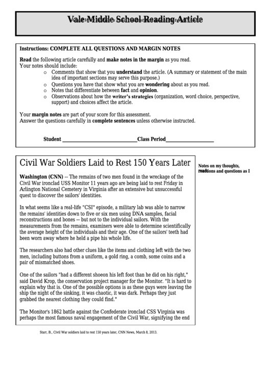 Civil War Soldiers Laid To Rest 150 Years Later (1350l) - Middle School Reading Article Worksheet Printable pdf
