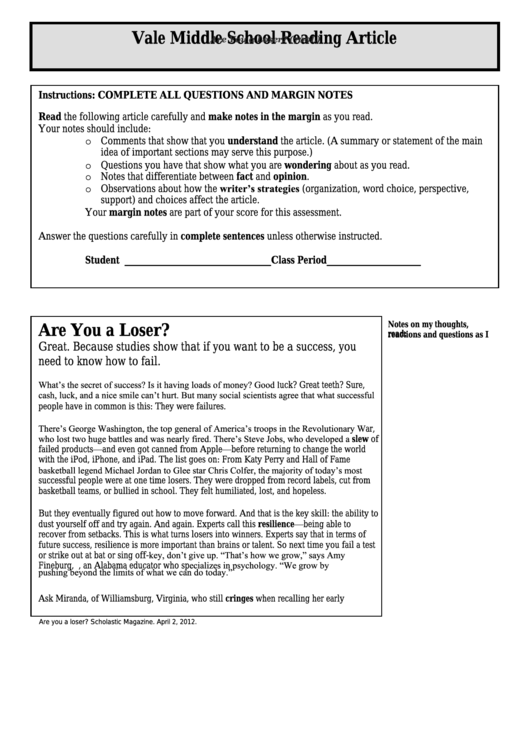 Are You A Loser (700l) - Middle School Reading Article Worksheet Printable pdf