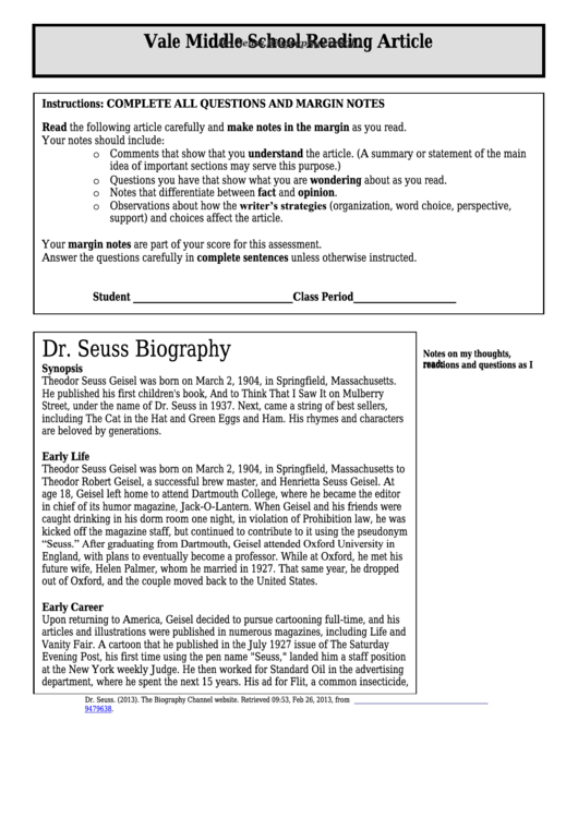 Dr. Seuss Biography (1280l) - Middle School Reading Article Worksheet Printable pdf