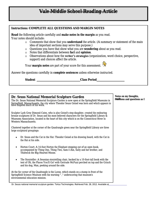 Dr. Seuss National Memorial Sculpture Garden (1290l) - Middle School Reading Article Worksheet Printable pdf