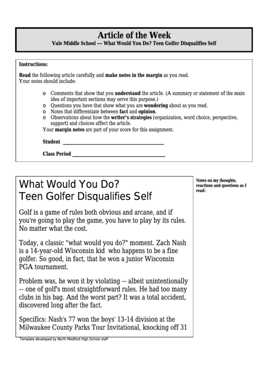What Would You Do Teen Golfer Disqualifies Self - Article Of The Week Middle School Worksheet Printable pdf