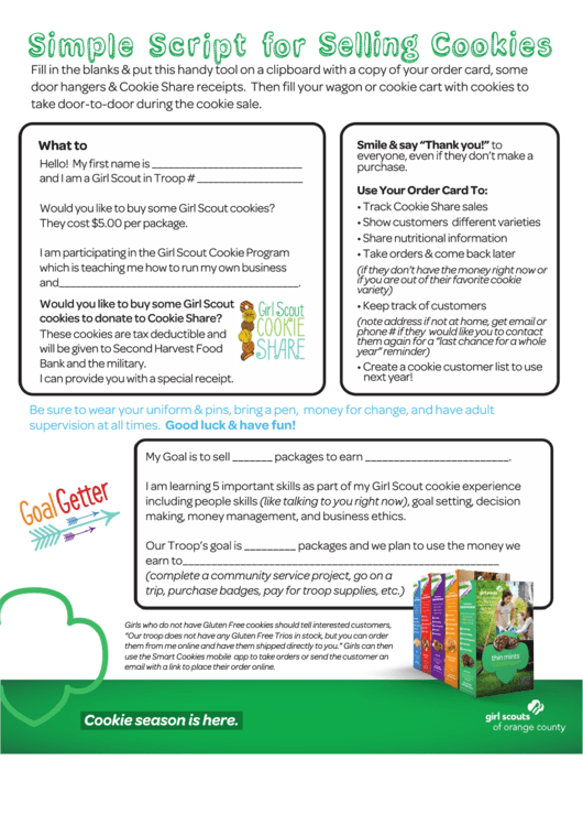 Simple Script For Selling Cookies - Girl Scouts Of Orange County Printable pdf