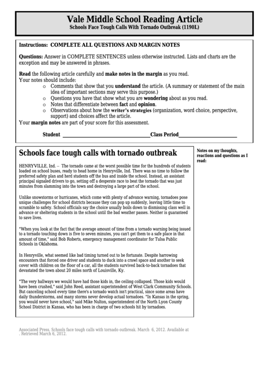 Schools Face Tough Calls With Tornado Outbreak (1190l) - Middle School Reading Article Worksheet Printable pdf