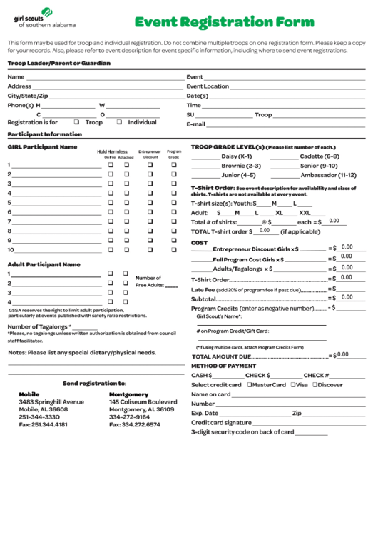 Fillable Event Registration Form - Girl Scout Of Southern Alabama Printable pdf