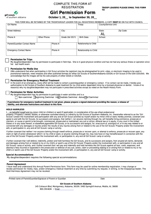 Fillable Girl Permission Form - Girl Scouts Of Southern Alabama Printable pdf