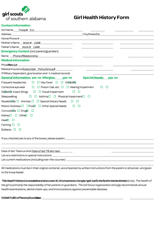 Fillable Girl Health History Form - Girl Scouts Of Southern Alabama Printable pdf