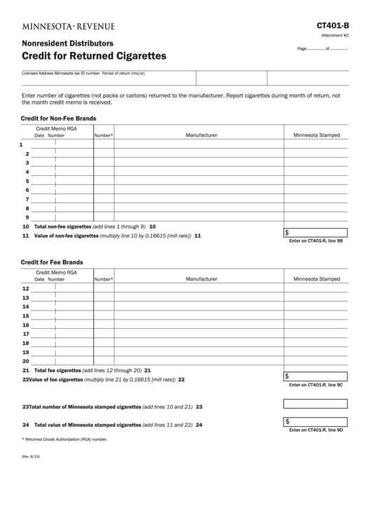 Fillable Form Ct401-B - Nonresident Distributors Credit For Returned Cigarettes Printable pdf
