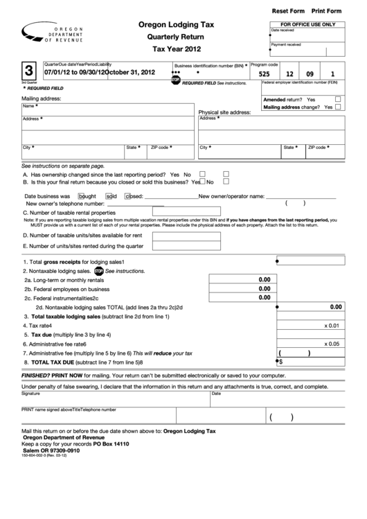 Fillable Form 150-604-002-3 - Oregon Lodging Tax Quarterly Return - 2012 Printable pdf