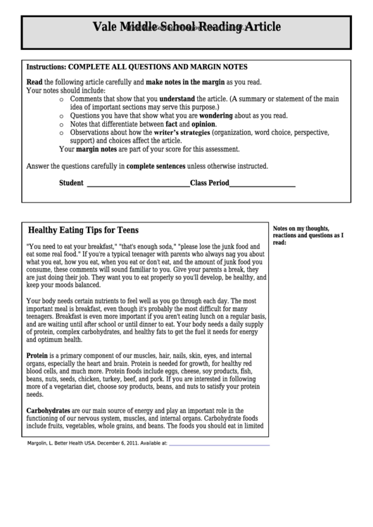 Healthy Eating Tips For Teens (1220l) - Middle School Reading Article Worksheet Printable pdf