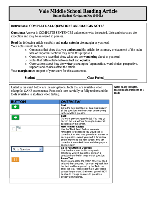 Online Student Navigation Key (1000l) - Middle School Reading Article Worksheet Printable pdf