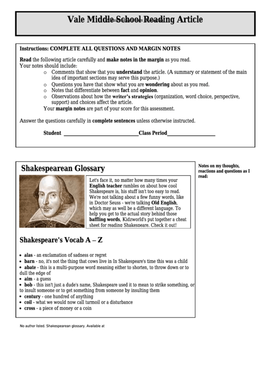 Shakespearean Glossary - Middle School Reading Article Worksheet Printable pdf