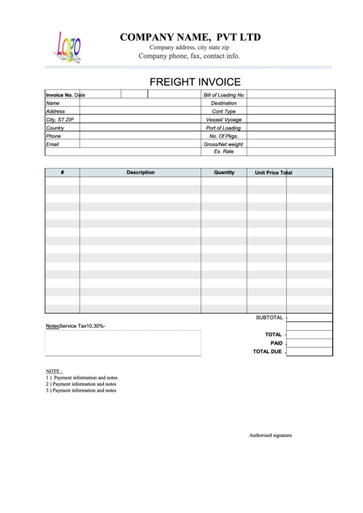 Freight Invoice Template Printable pdf