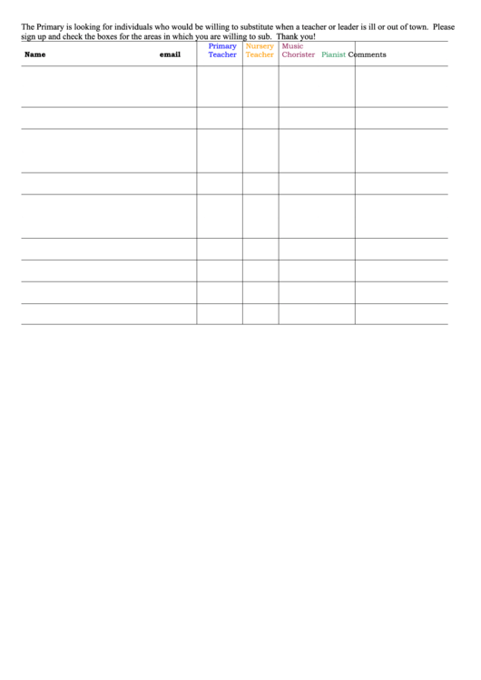 Substitute Teacher Sign-Up Sheet Template Printable pdf