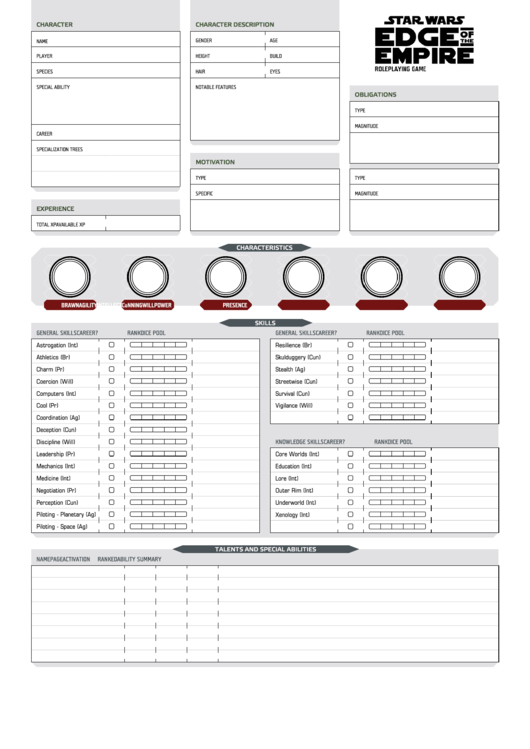 Star Wars Edge Of Empire Form Fillable Character Sheet - Printable ...