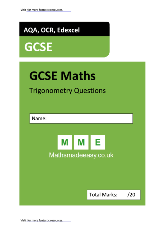 Aqa, Ocr, Edexcel Gcse Maths - Trigonometry Questions Printable pdf
