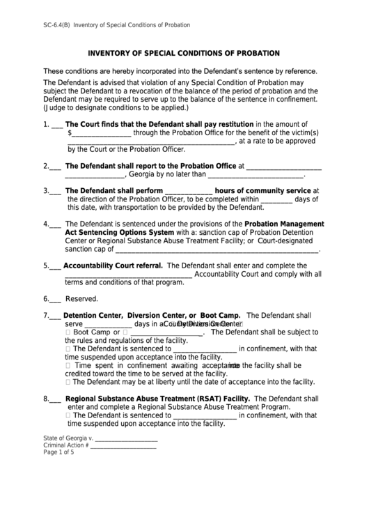 Inventory Of Special Conditions Of Probation Template Printable pdf
