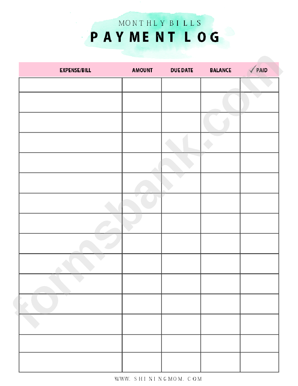 monthly bills payment log template set printable pdf download