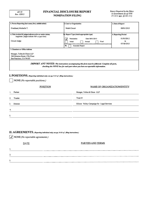 Form A010 - Financial Disclosure Report Nomination Filing Printable pdf