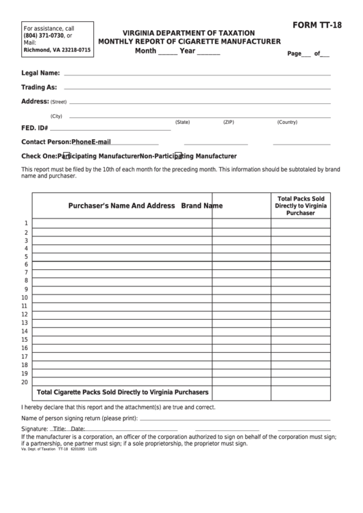 Fillable Form Tt-18 - Virginia Department Of Taxation Monthly Report Of Cigarette Manufacturer Printable pdf