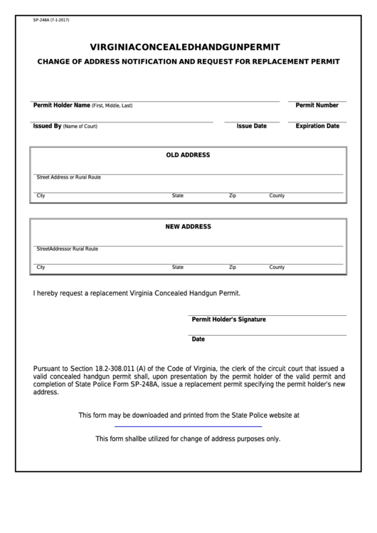 Form Sp-248a - Concealed Handgun Permit Change Of Address Form And Request For Replacement Permit