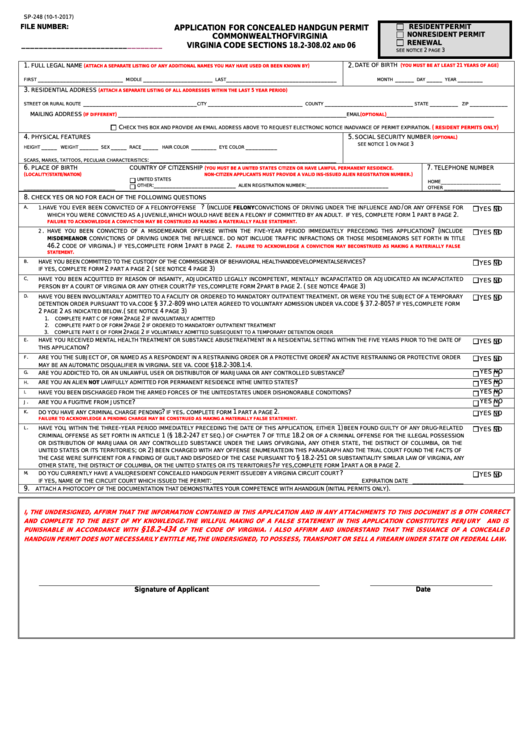 Fillable Form Sp-248 - Application For Concealed Handgun Permit Printable pdf