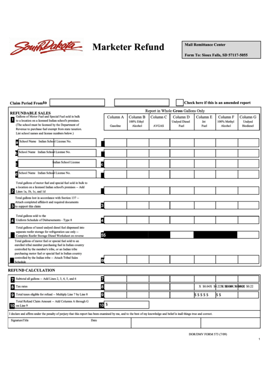 Fillable Form 573 - South Dakota Marketer Refund Printable pdf