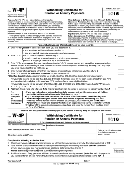 Form W-4p - Withholding Certificate For Pension Or Annuity Payments - 2016