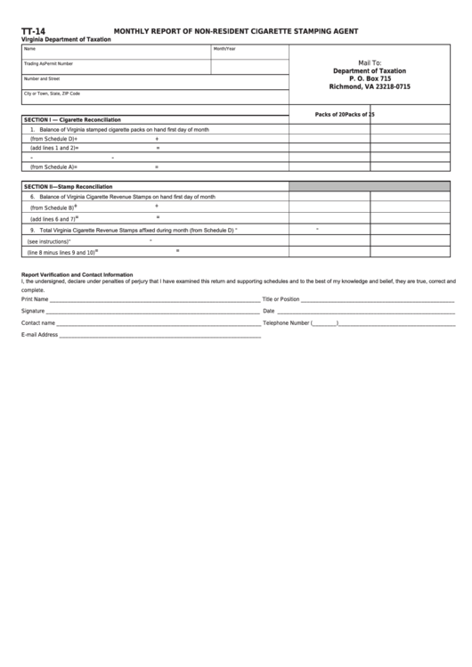 Fillable Form Tt-14 - Virginia Monthly Report Of Non-Resident Cigarette Stamping Agent Printable pdf