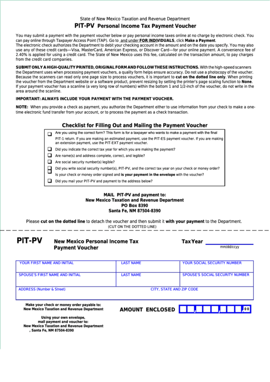 Form Pit-Pv - New Mexico Personal Income Tax Payment Voucher Printable pdf