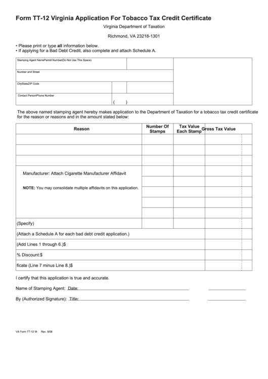 Fillable Form Tt-12 - Virginia Application For Tobacco Tax Credit Certificate Printable pdf