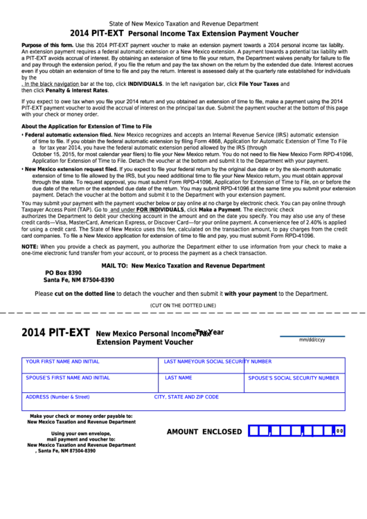 Form Pit-Ext - New Mexico Personal Income Tax Extension Payment Voucher - 2014 Printable pdf