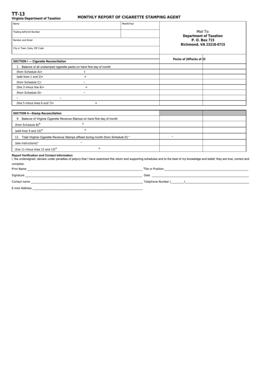 Fillable Form Tt-13 - Virginia Monthly Report Of Cigarette Stamping Agent Printable pdf