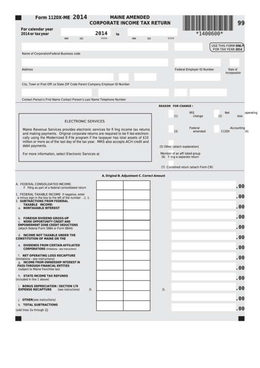 Fillable Form 1120x-Me - Maine Amended Corporate Income Tax Return - 2014 Printable pdf