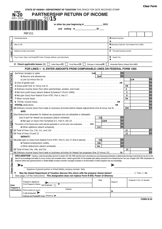 Fillable Form N-20 - Hawaii Partnership Return Of Income - 2015 Printable pdf