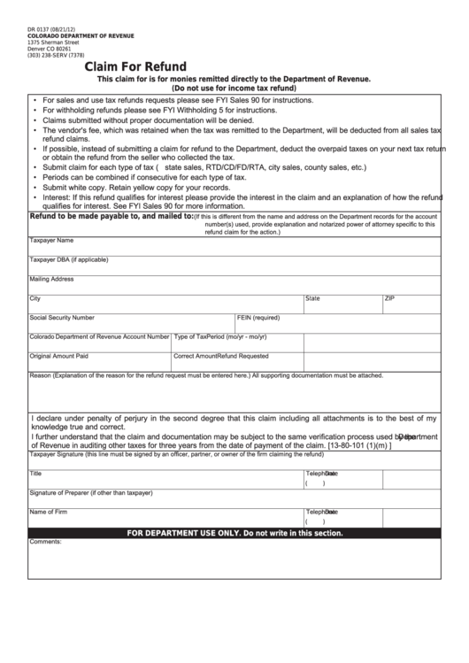 Form Dr 0137 - Colorado Claim For Refund Printable pdf