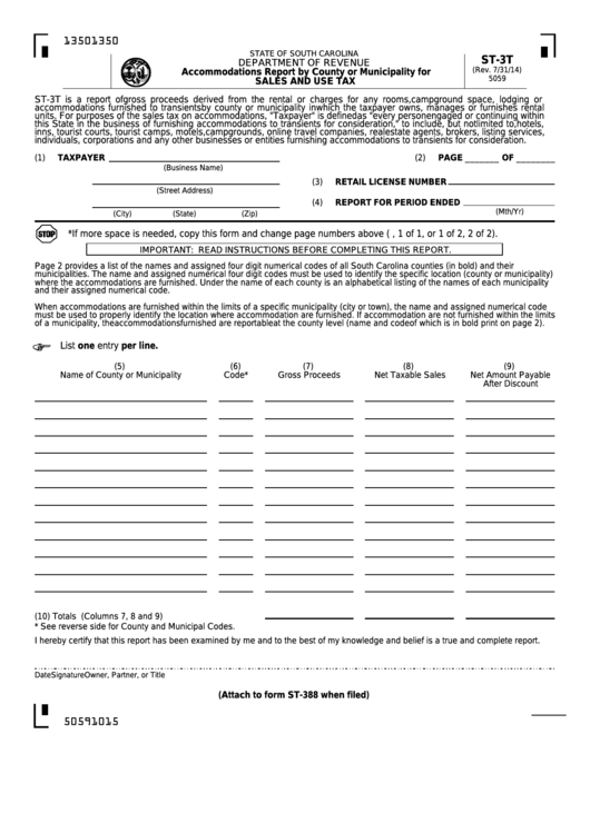 Form St-3t - South Carolina Accommodations Report By County Or Municipality For Sales And Use Tax Printable pdf