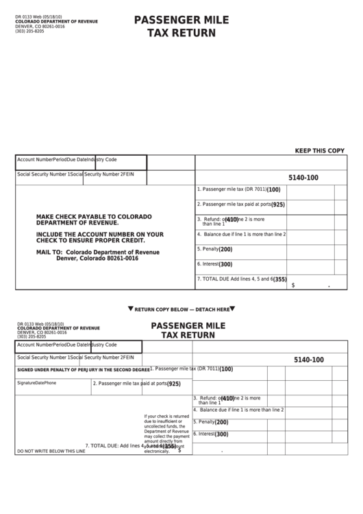 Fillable Form Dr 0133 - Colorado Passenger Mile Tax Return Printable pdf