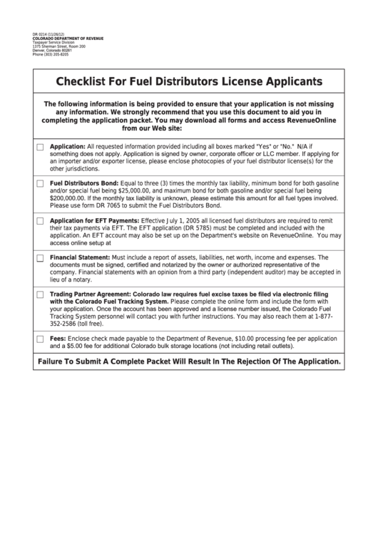 Form Dr 0214 - Colorado Checklist For Fuel Distributors License Applicants Printable pdf