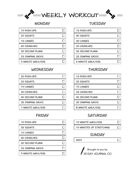 Weekly Workout Schedule Printable pdf