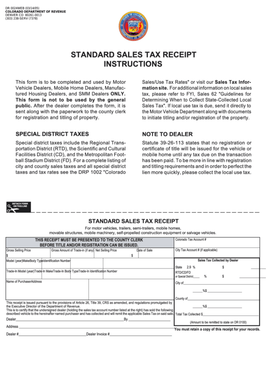 Form Dr 0024 Colorado Standard Sales Tax Receipt printable pdf download