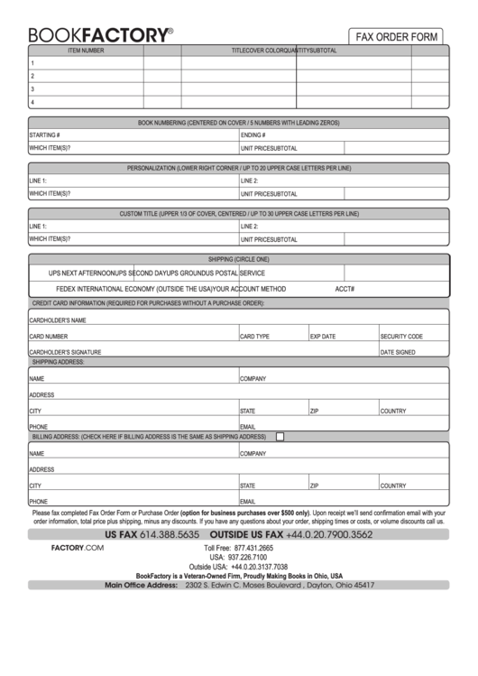 Fax Order Form Printable pdf