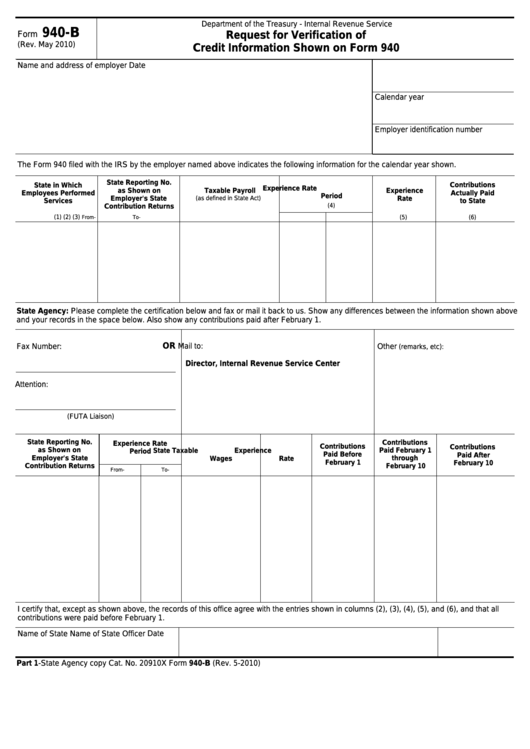 Fillable Form 940-B - Request For Verification Of Credit Information Shown On Form 940 Printable pdf