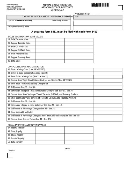 Fillable Form 8452 - Wyoming Annual Gross Products Attachment For Bentonite Schedule A Printable pdf