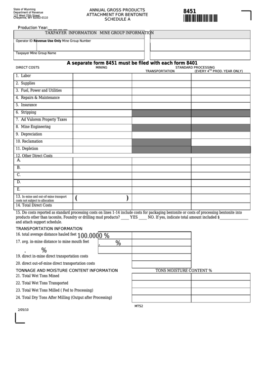 Fillable Form 8451 - Wyoming Annual Gross Products Attachment For Bentonite Schedule A Printable pdf
