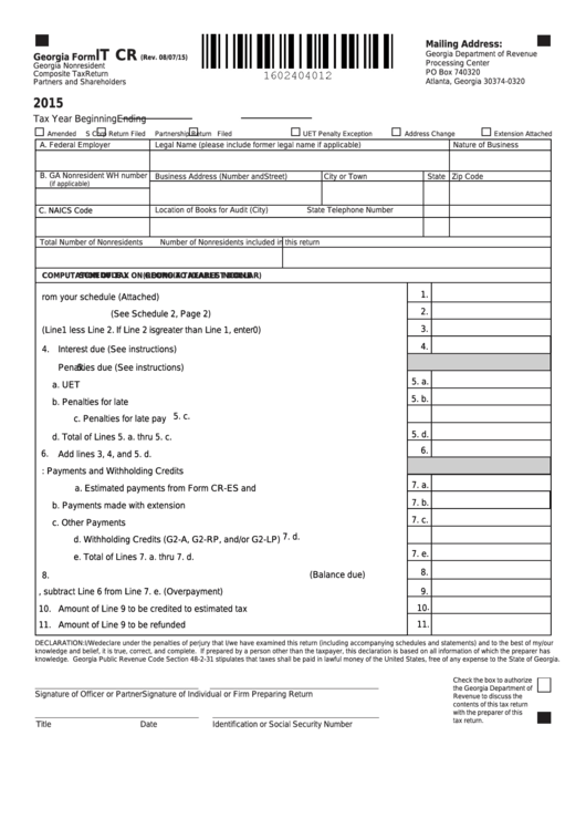 Fillable Form It Cr - Georgia Nonresident Composite Tax Return Partners And Shareholders Printable pdf
