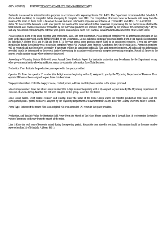 Fillable Form 8401 - Wyoming Annual Gross Products Report For Bentonite Printable pdf