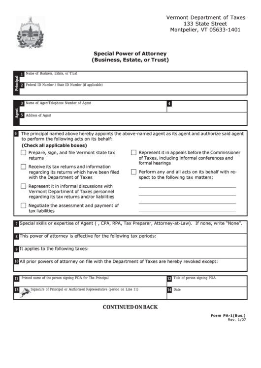 Form Pa-1 - Vermont Special Power Of Attorney Printable pdf