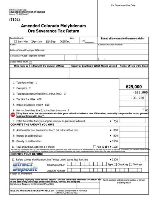 Fillable Form Dr 0022x - Colorado Amended Colorado Molybdenum Ore Severance Tax Return Printable pdf