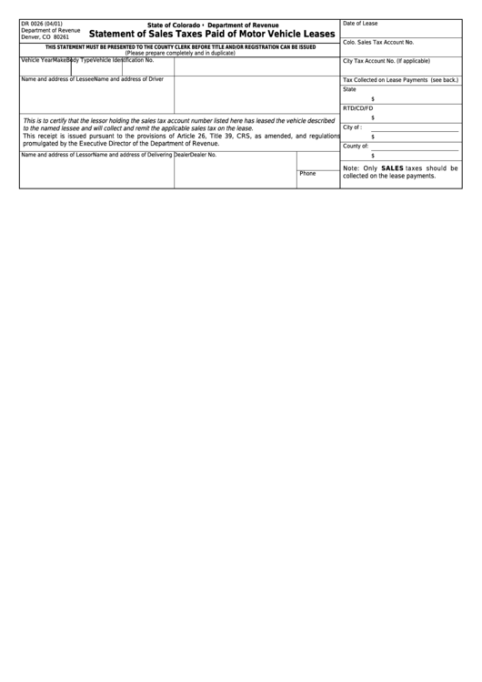 Fillable Form Dr 0026 - Colorado Statement Of Sales Taxes Paid Of Motor Vehicle Leases Printable pdf