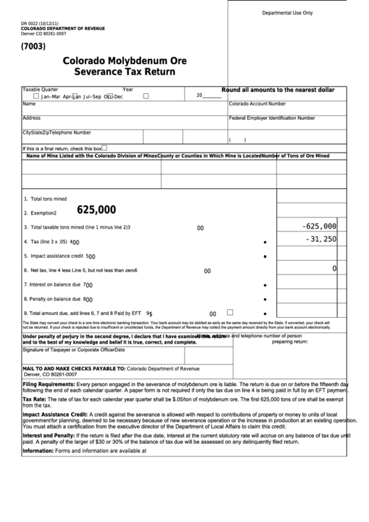Fillable Form Dr 0022 - Colorado Molybdenum Ore Severance Tax Return ...